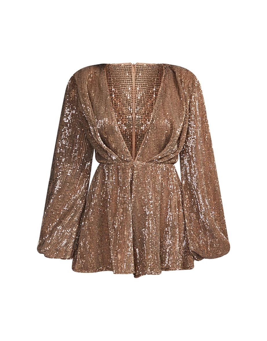 Bronze Sequin Balloon Sleeve Plunge Playsuit - 4