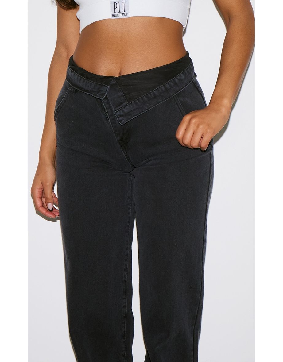 Washed Black Fold Over Waistband Slouchy Wide Leg Jeans - 3