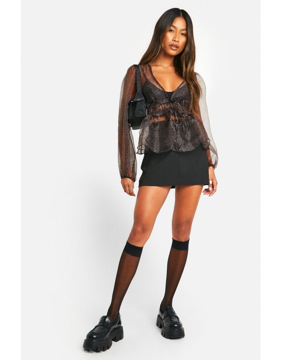 Micro Leopard Print Tie Volume Sleeve Blouse - leopard