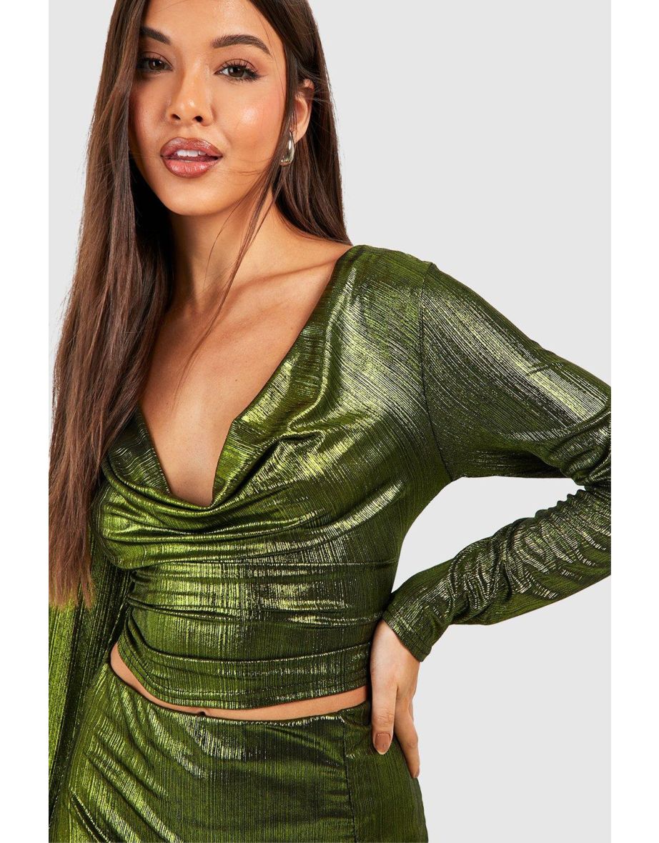 Metallic Cowl Top & Maxi Skirt Set - metallic green - 3