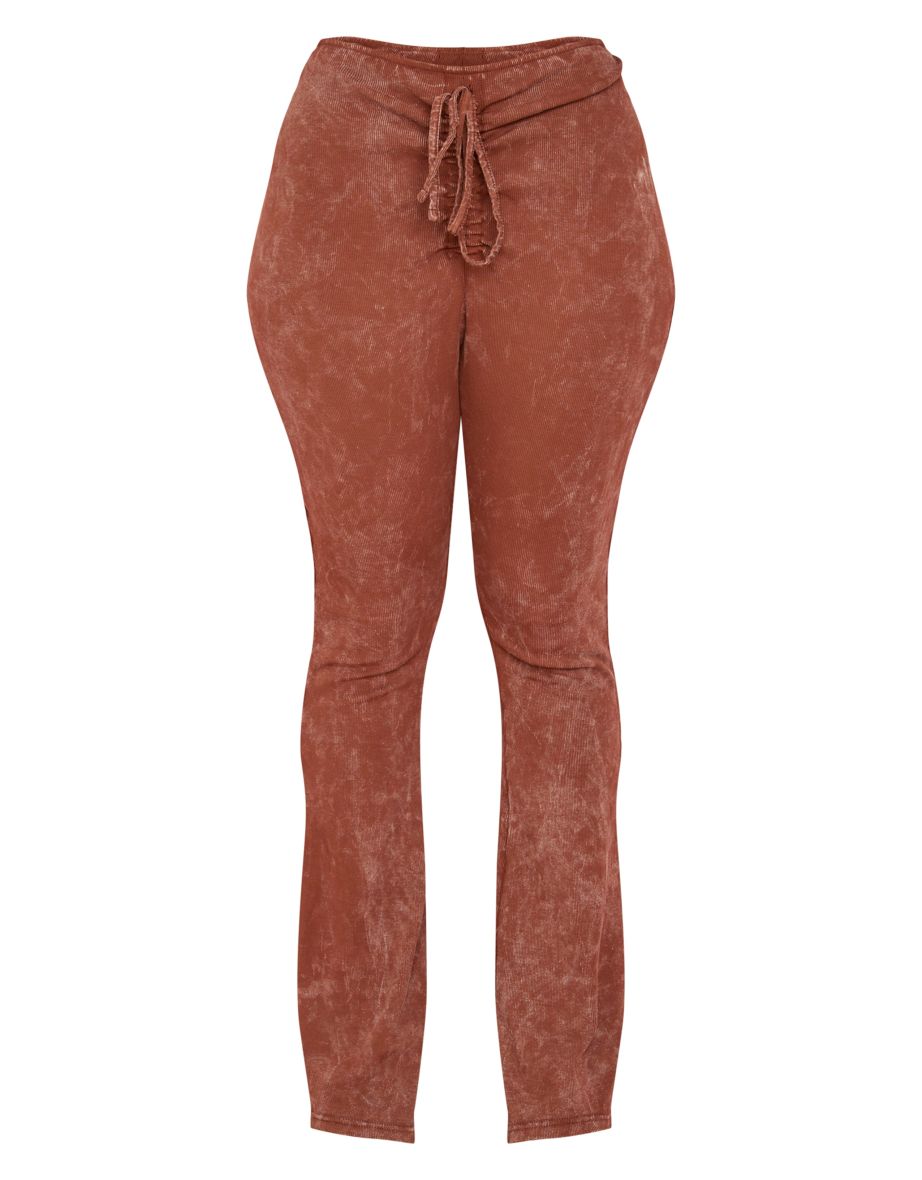Shape Brown Washed Ribbed Ruched Front Flare Trousers - 4