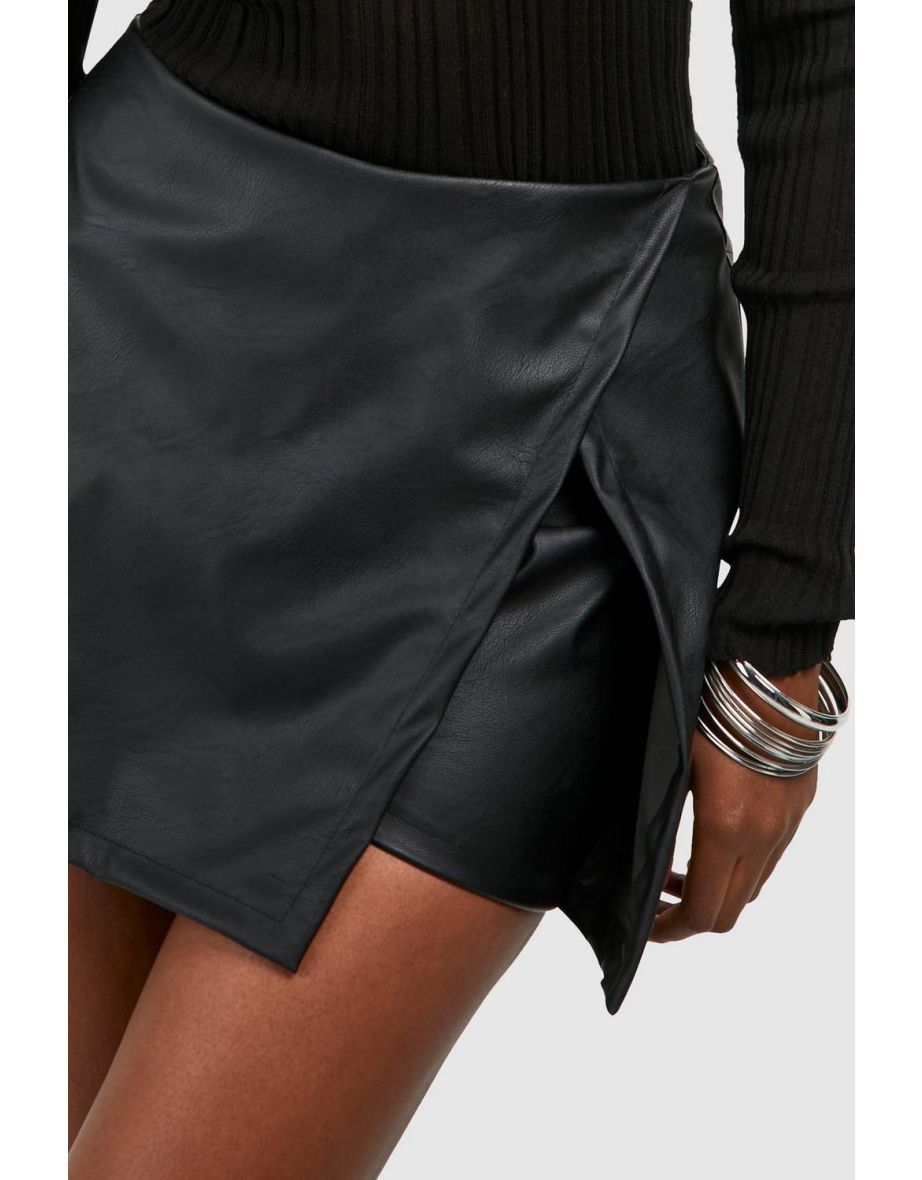Faux Leather Look Wrap Side Split Skort - black - 3