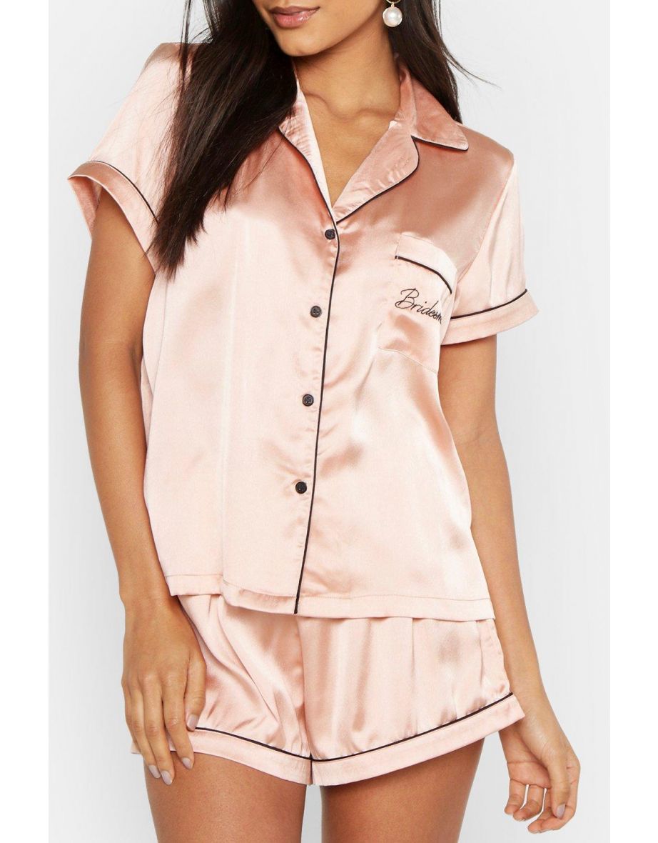 Bridesmaid Embroidered Satin Short Set - rose gold - 3