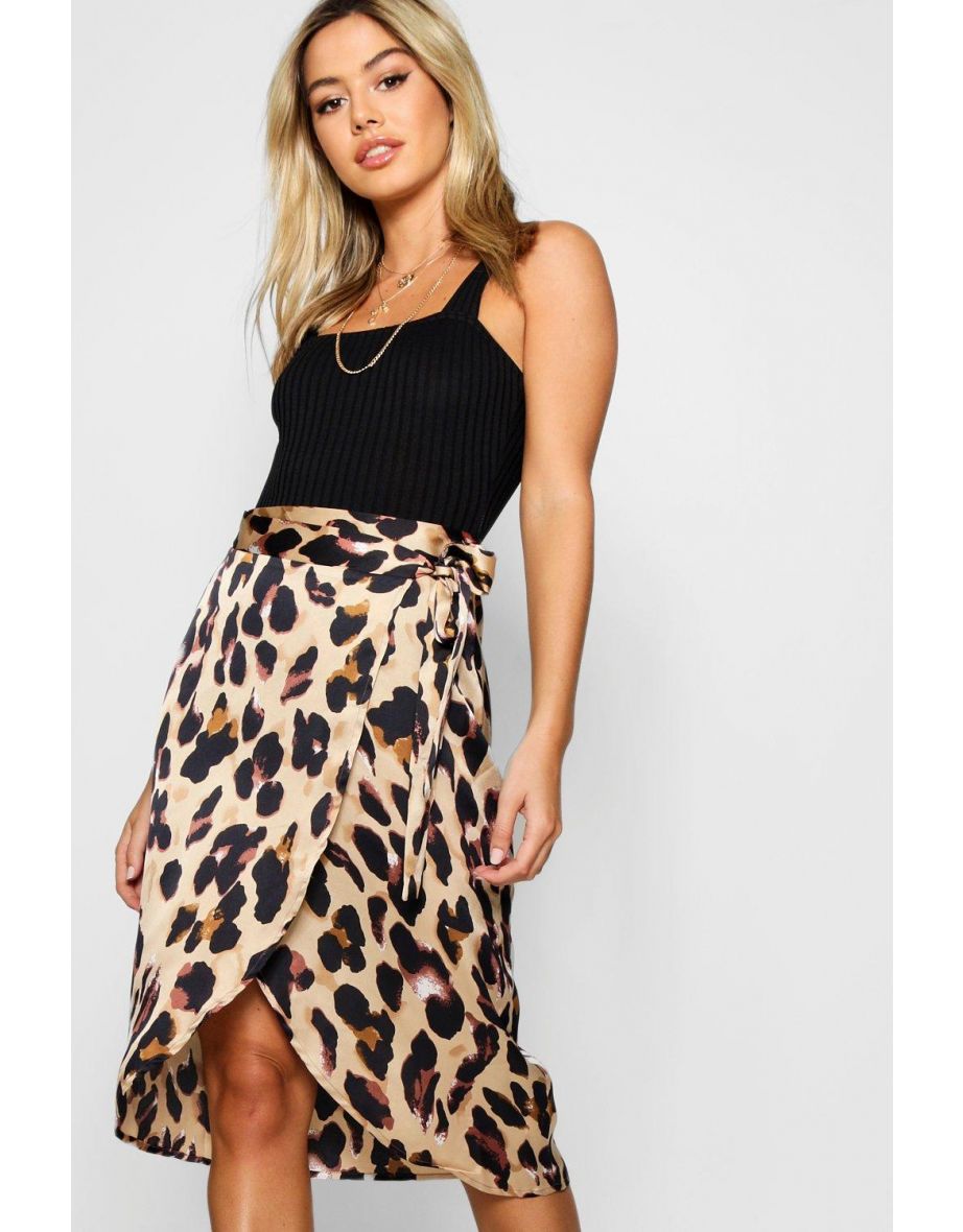 Petite Leopard Print Satin Wrap Midi Skirt - brown - 3
