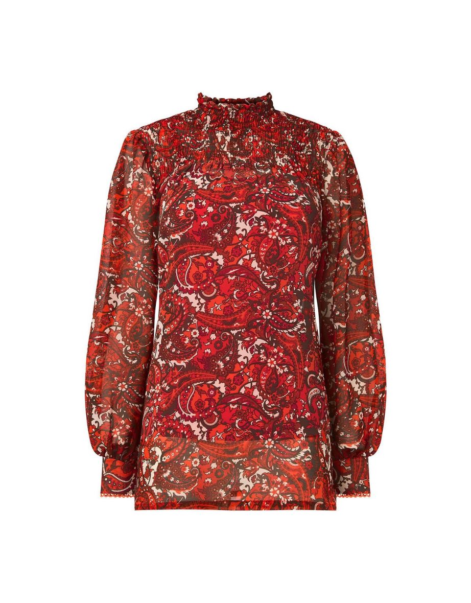 Printed High Neck Blouse with Long Balloon Sleeves - 4