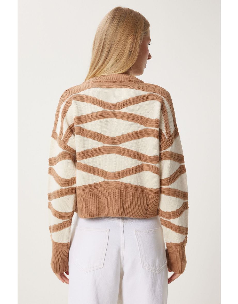 Women's Mink Ecru Contrast Color Stylish Buttoned Knitwear Cardigan - 4