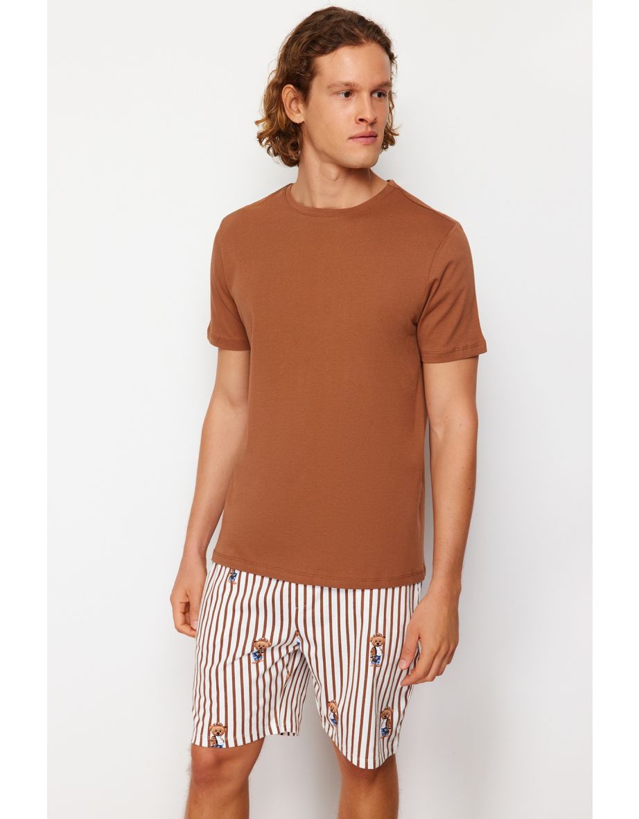 Men's Brown Regular Fit Printed Knitted Pajamas Set