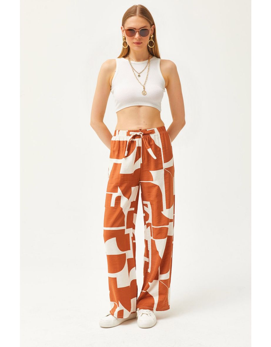 Women's Camel Geometric Patterned Palazzo Cupcake Trousers