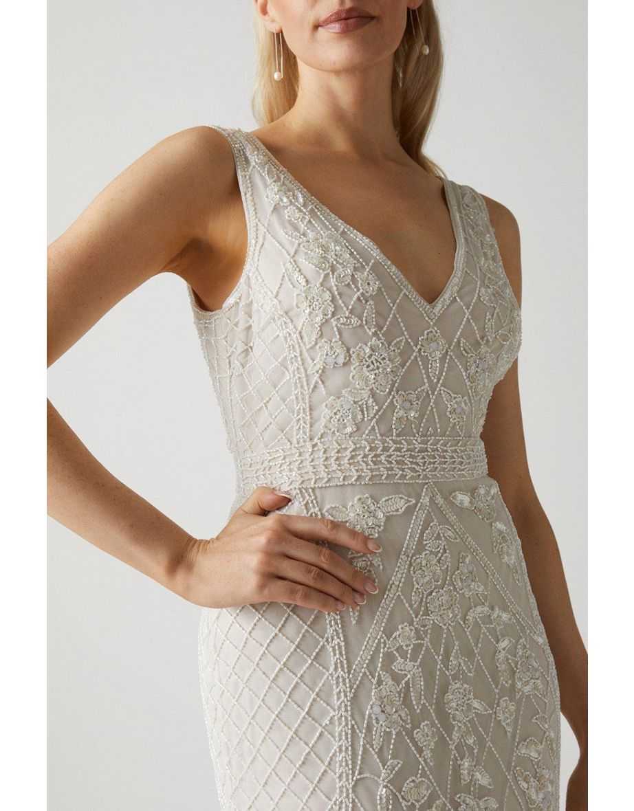 Plunge Floral Embellished Wedding Dress - 3