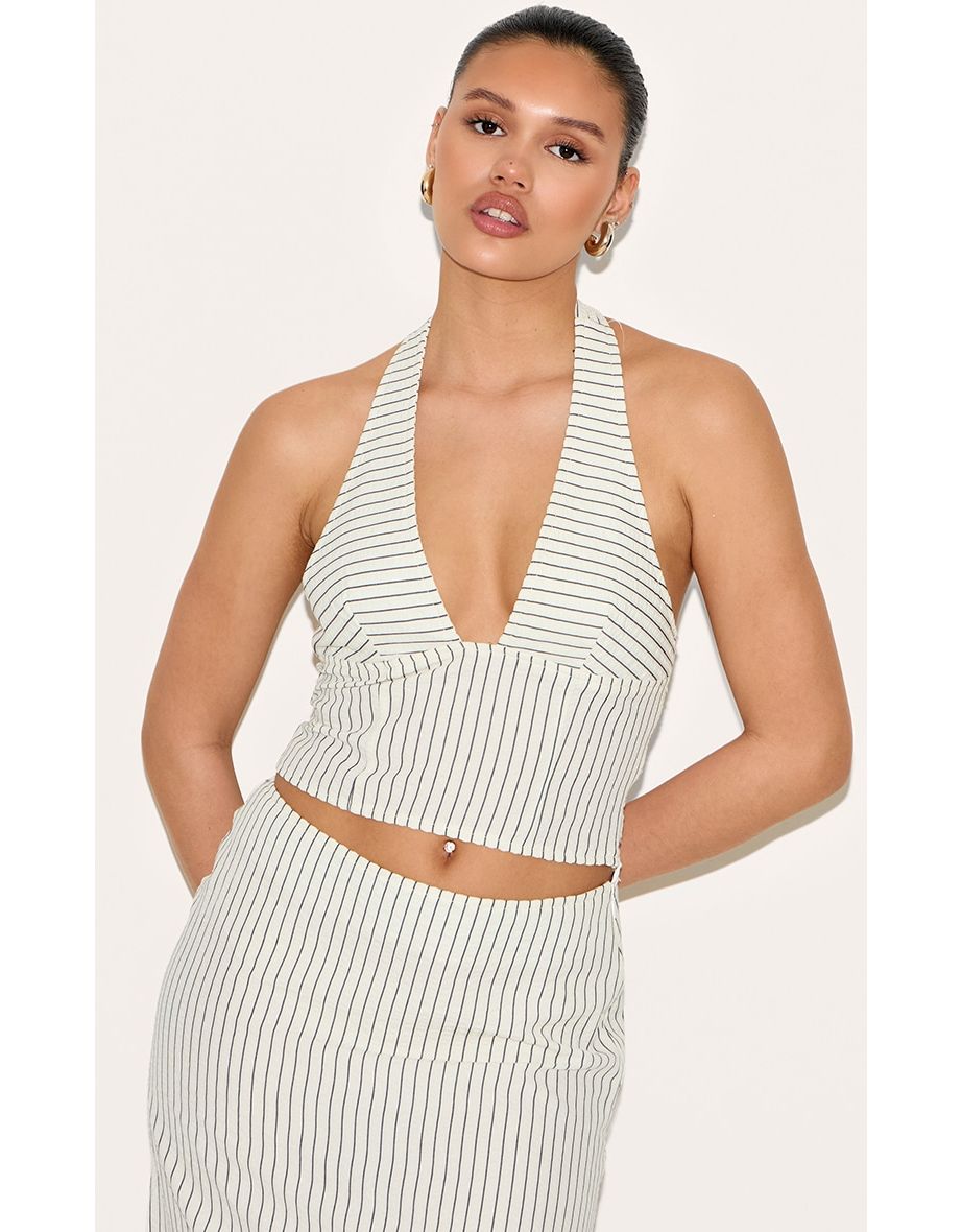 Cream Striped Halterneck Low Back Top