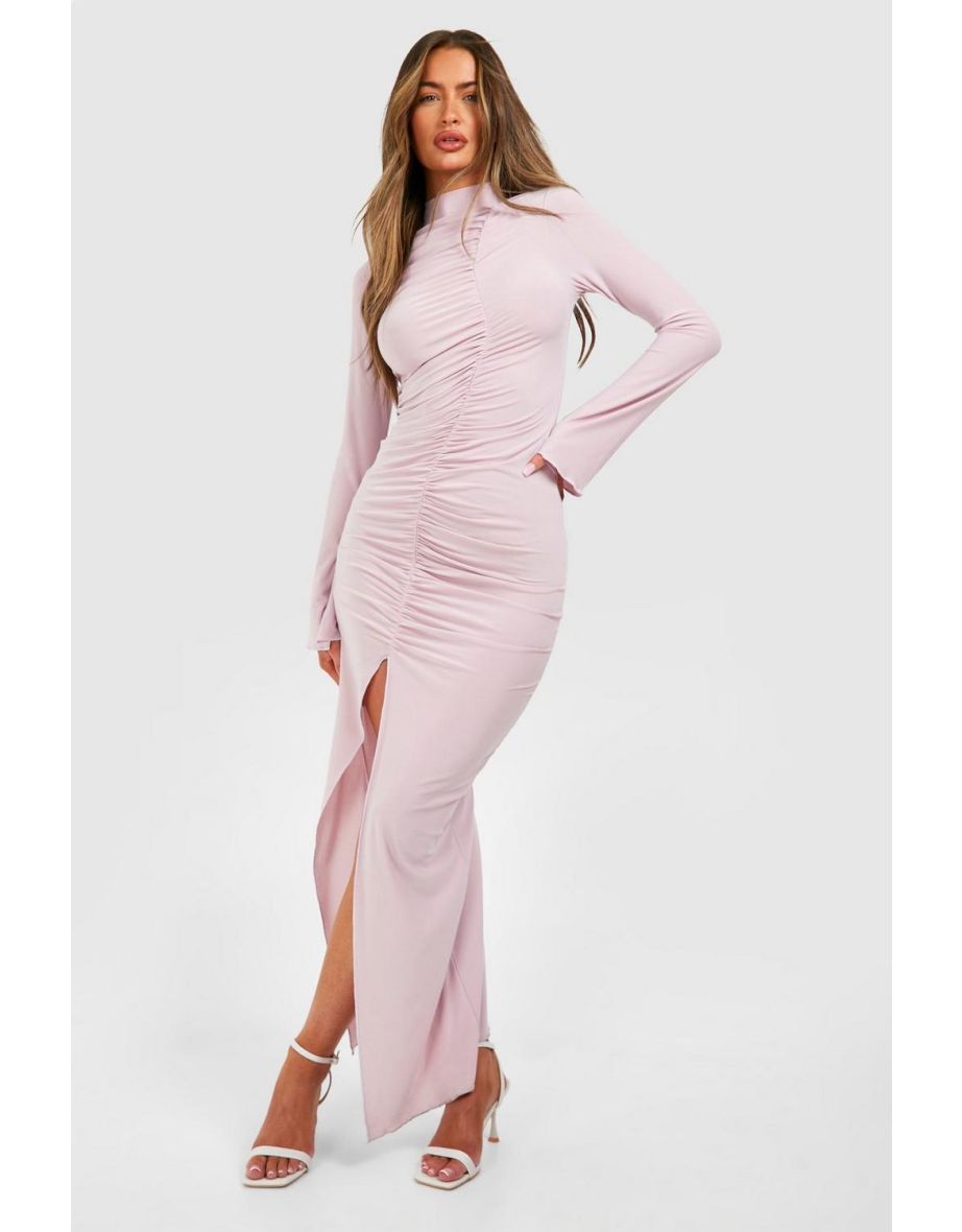 Shop Slinky Ruched Long Sleeve Maxi Dress rose Online in Oman VogaCloset