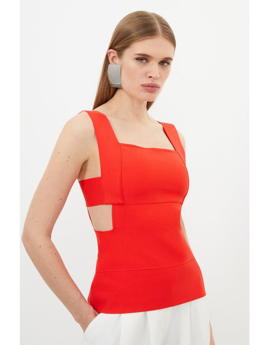 Figure Form Bandage Knit Square Neck Cut Out Top