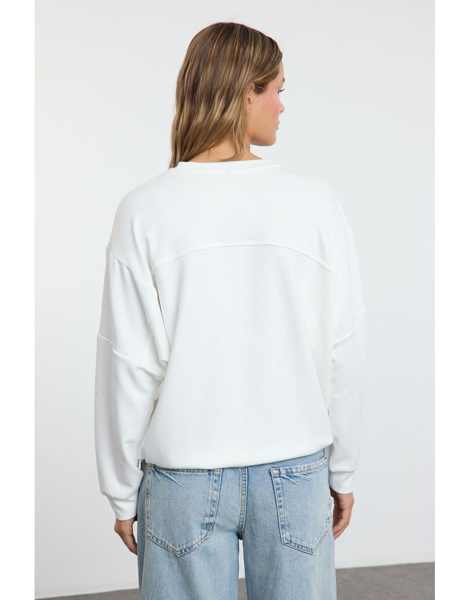 Ecru Soft Touch Parachute Pocket Detailed Oversize/Wide Cut Knitted Sweatshirt - 4