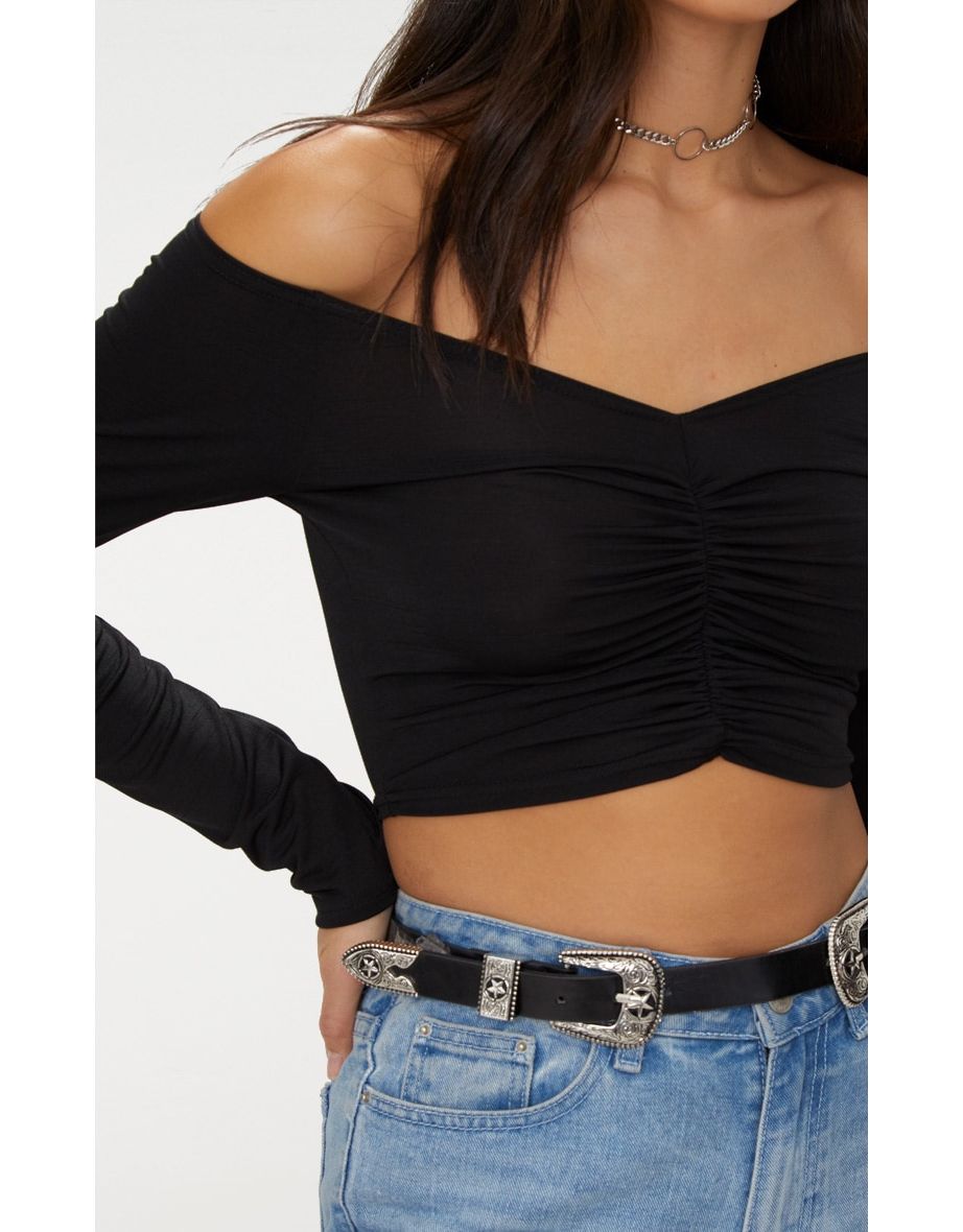 Black Slinky Ruched Front Long Sleeve Crop Top - 4