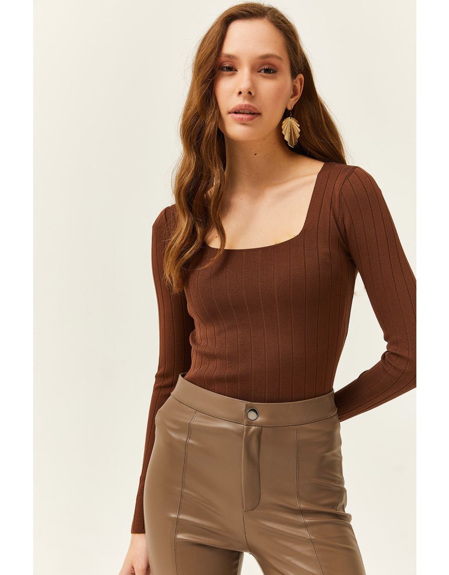 Women's Bitter Brown Square Neck Thick Ribbed Knitwear Blouse