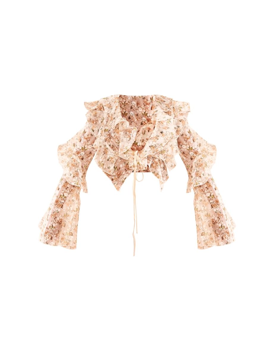 Beige Floral Sheer Woven Ruffle Tie Crop Blouse - 4