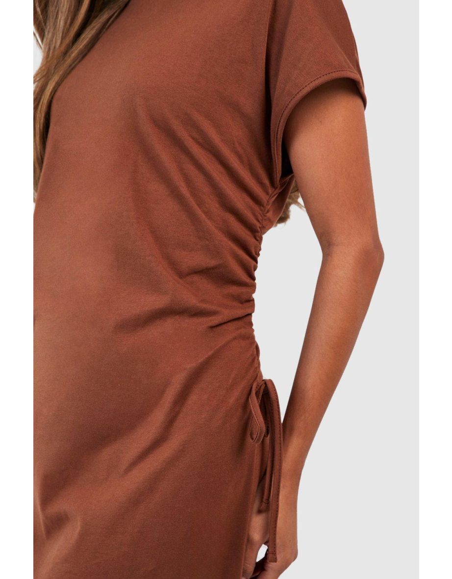 Cotton Ruched Waist T-shirt Maxi Dress - chocolate - 3