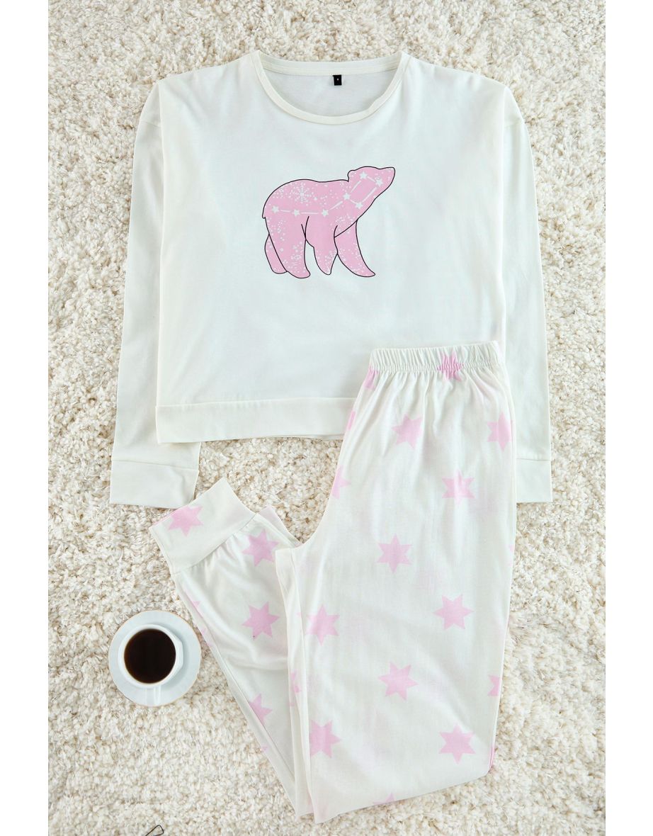 Pink-Ecru 100% Cotton Star Patterned Knitted Pajama Set