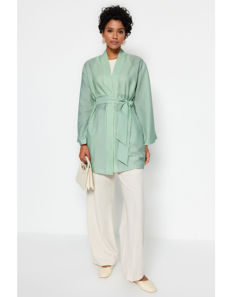 Weave See-through Striped Kimono & Kaftan with Mint Belt