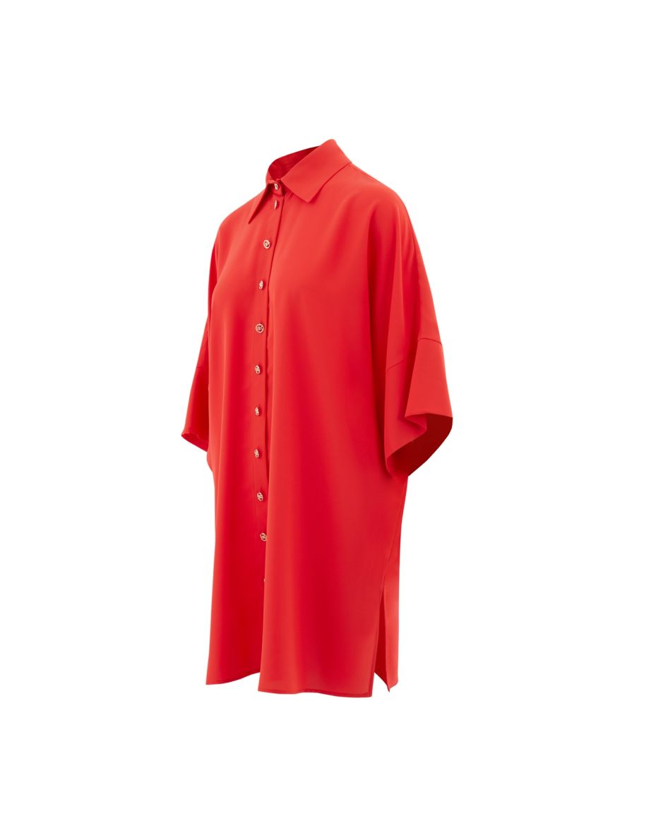 Red Dress with Double Collar and Metal Buttons with Side Slits