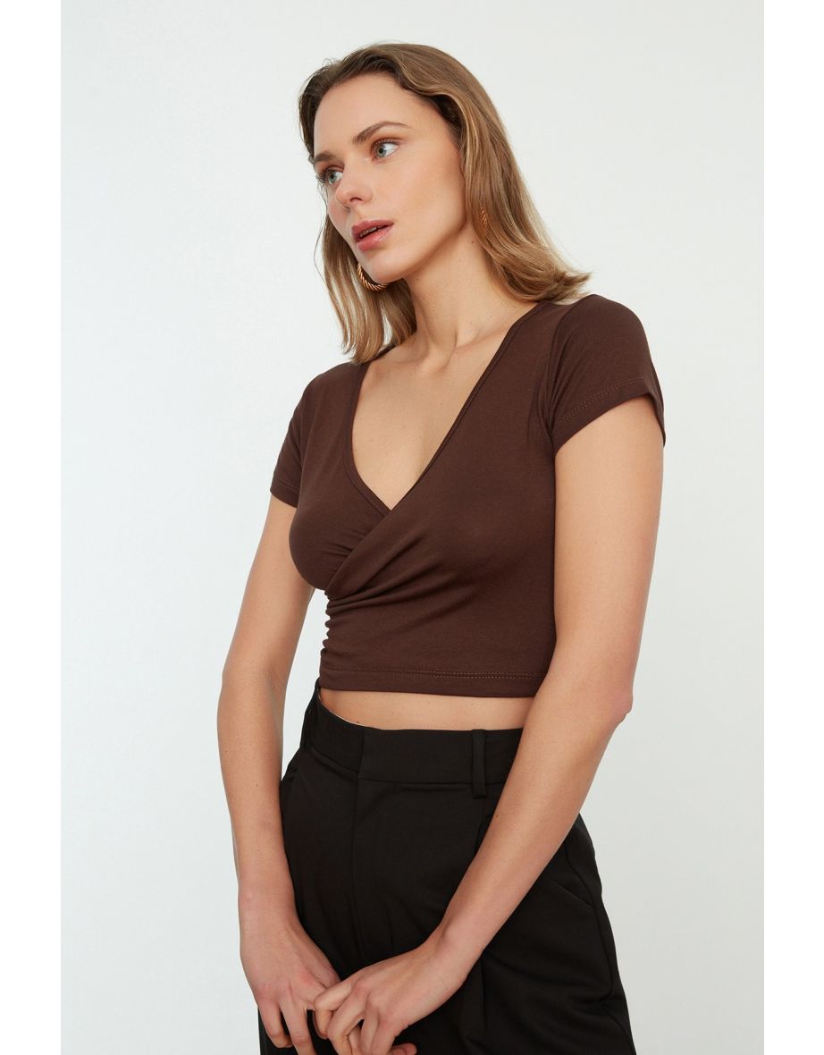 Shape Chocolate Brown V Neck Crop Top, Tops