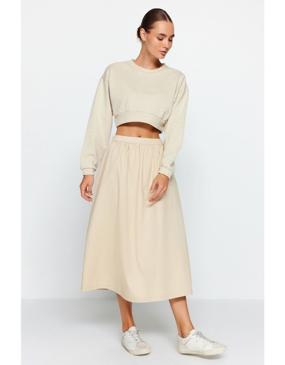 Beige A-line Skirt With Woven