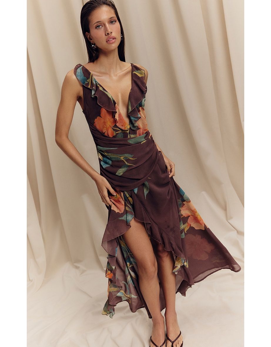 Brown Floral Chiffon Frill Plunge Strappy Maxi Dress