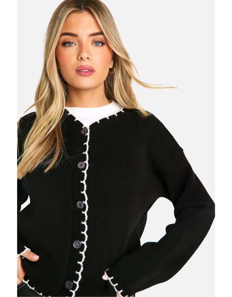 Blanket Stitch Knitted Crop Cardigan - black_ecru - 3