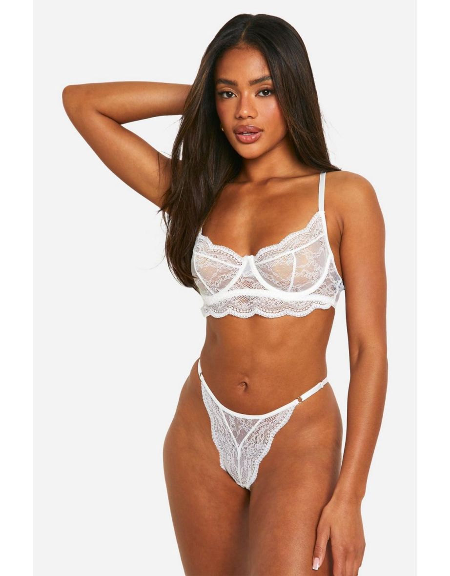 Lace Underwire Bra And Thong Set - white