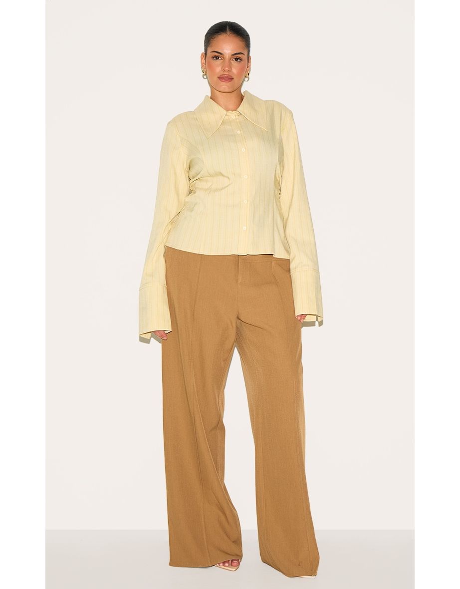 Plus Yellow Pinstripe Oversized Collar Fitted Shirt