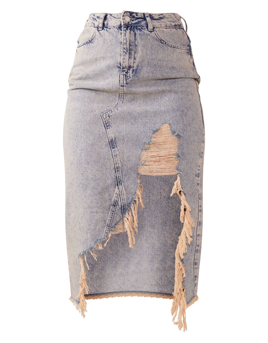 Vintage Mid Wash Denim Ripped Hem Midi Skirt - 5
