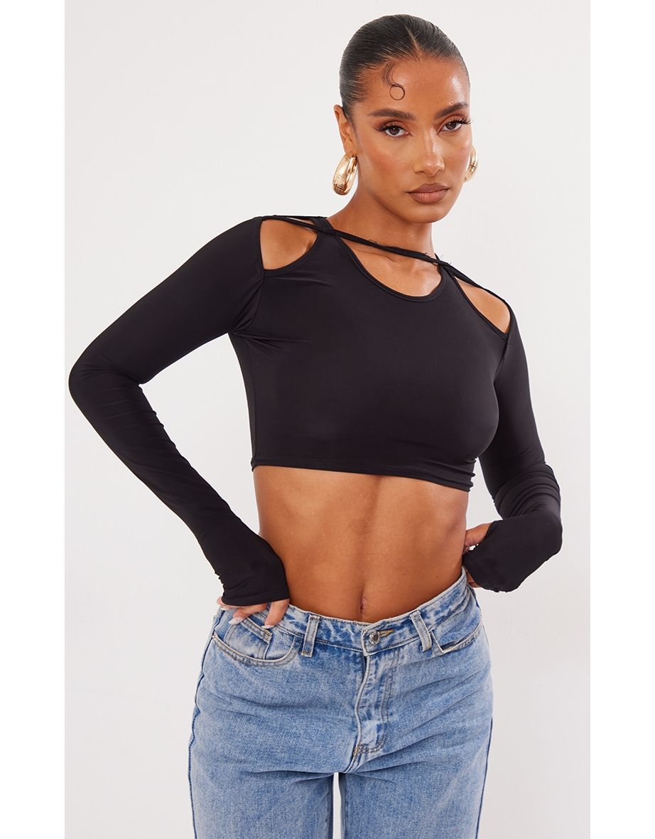 Black long sleeve cut out crop top online