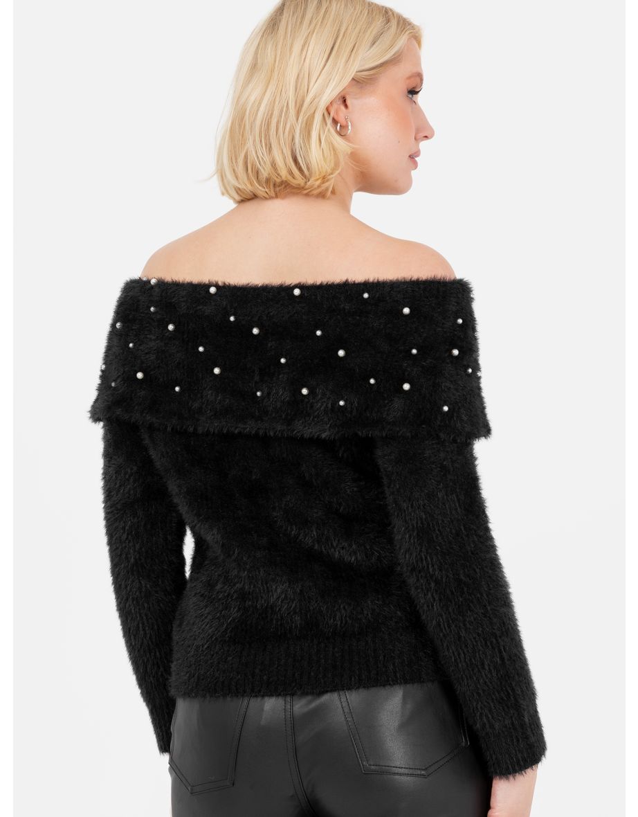Lovedrobe Pearl Embellished Black Bardot Jumper - 6