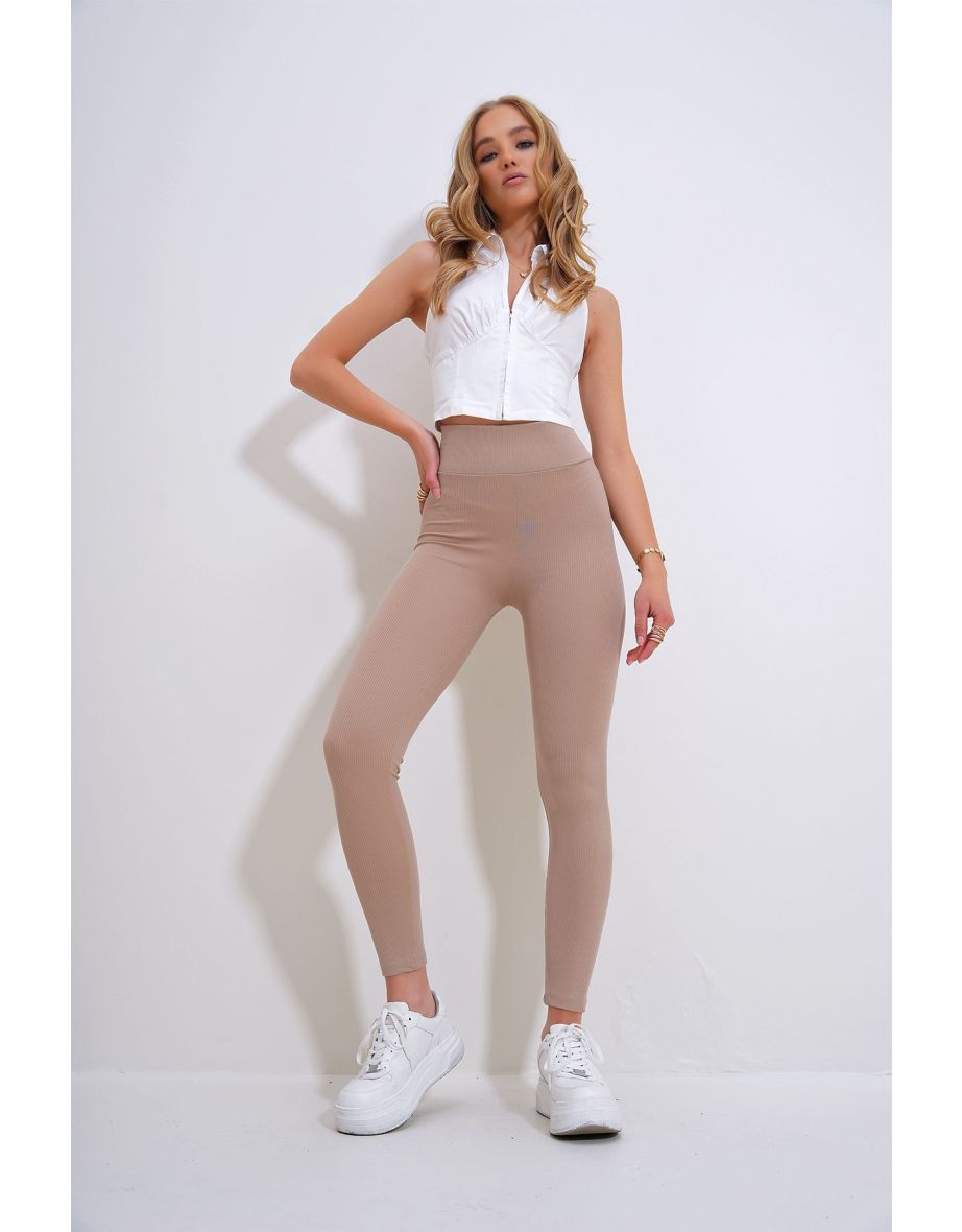 Women's Beige High Waist Ribbed Lycra Leggings - 4