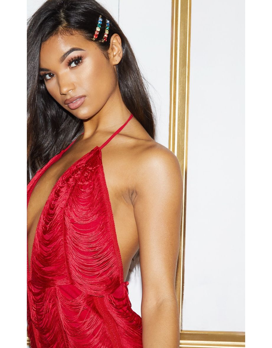 Red Multi Tassel Backless Playsuit - 3