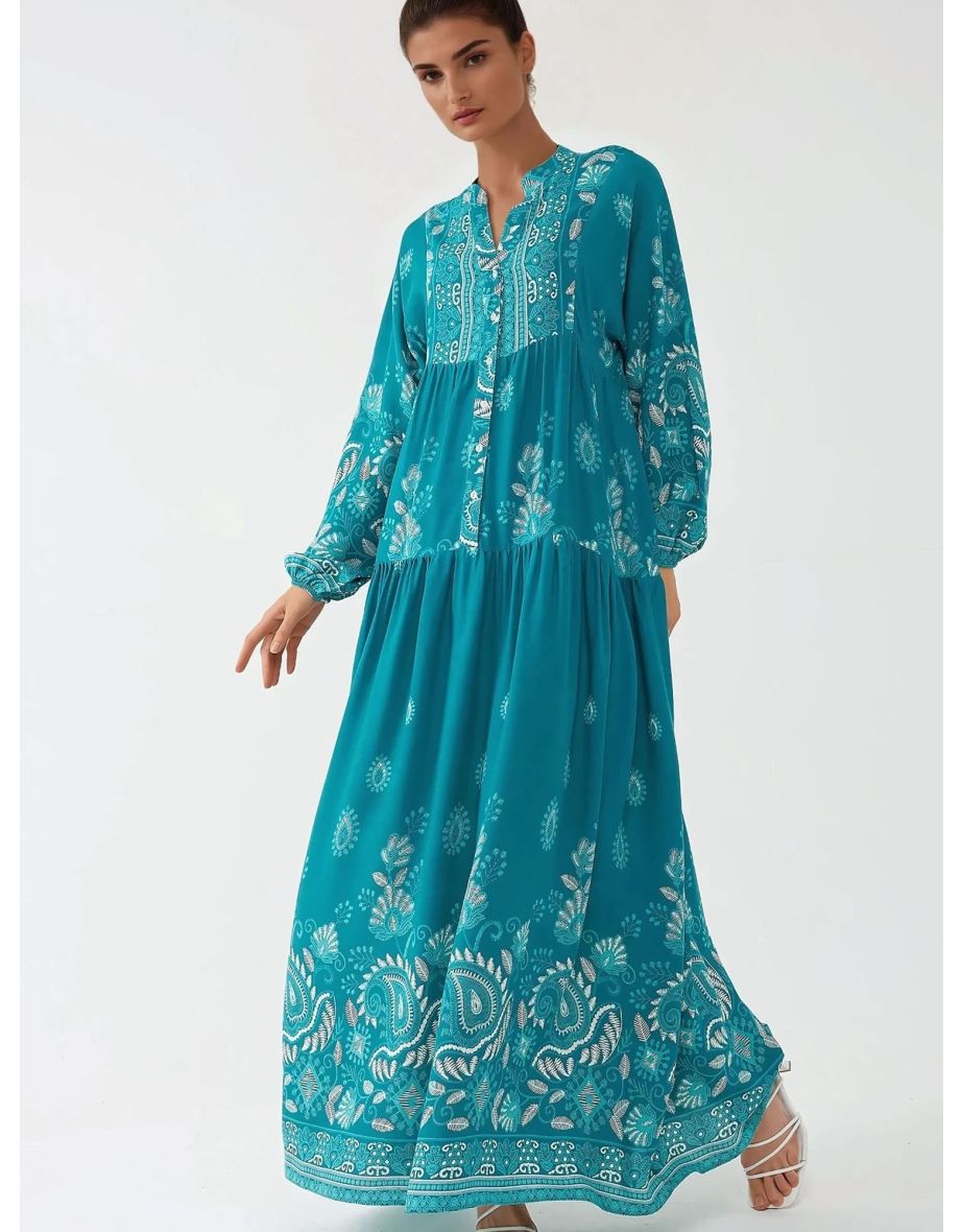 Printed Long Sleeve Viscose Maxi Dress