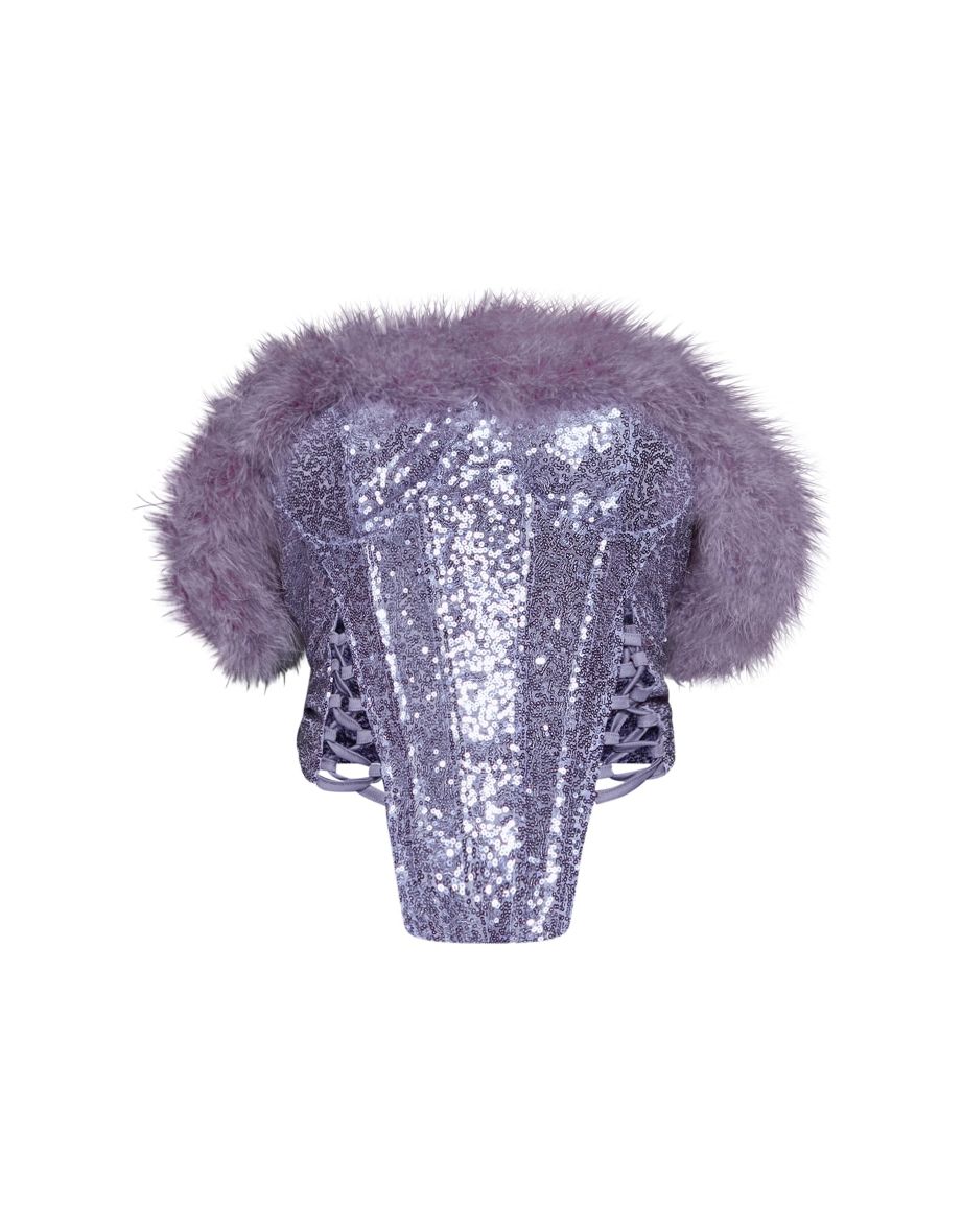 Shape Lilac Fur Trim Sequin Bardot Corset - 4