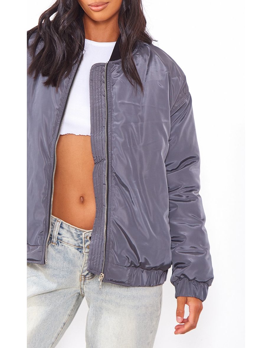 Petite Charcoal Ribbed Neck Bomber Jacket - 3