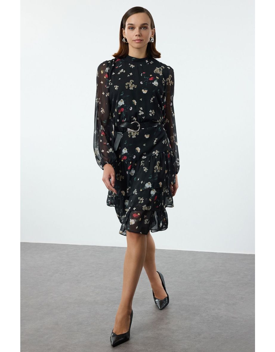 Black-Multicolored Floral Skater Ruffle Midi Woven Winter Dress