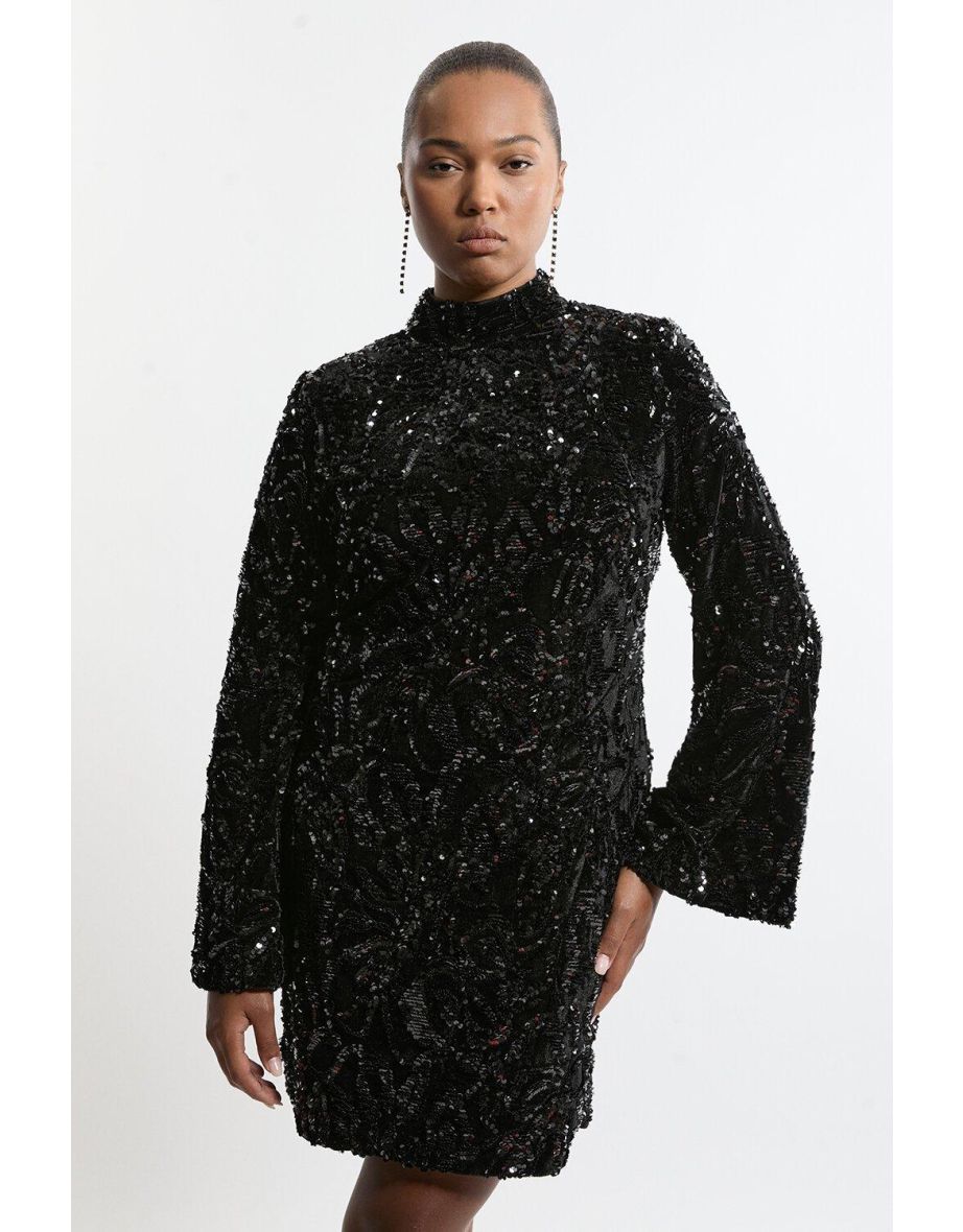Plus Size Velvet Sequin Flare Woven Mini Dress