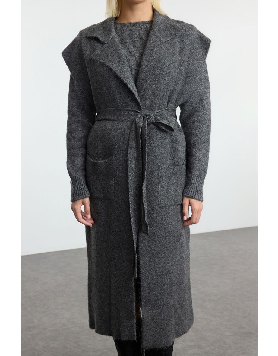 Anthracite Woolen Midi Cardigan-Sweater Knitwear Cardigan - 4