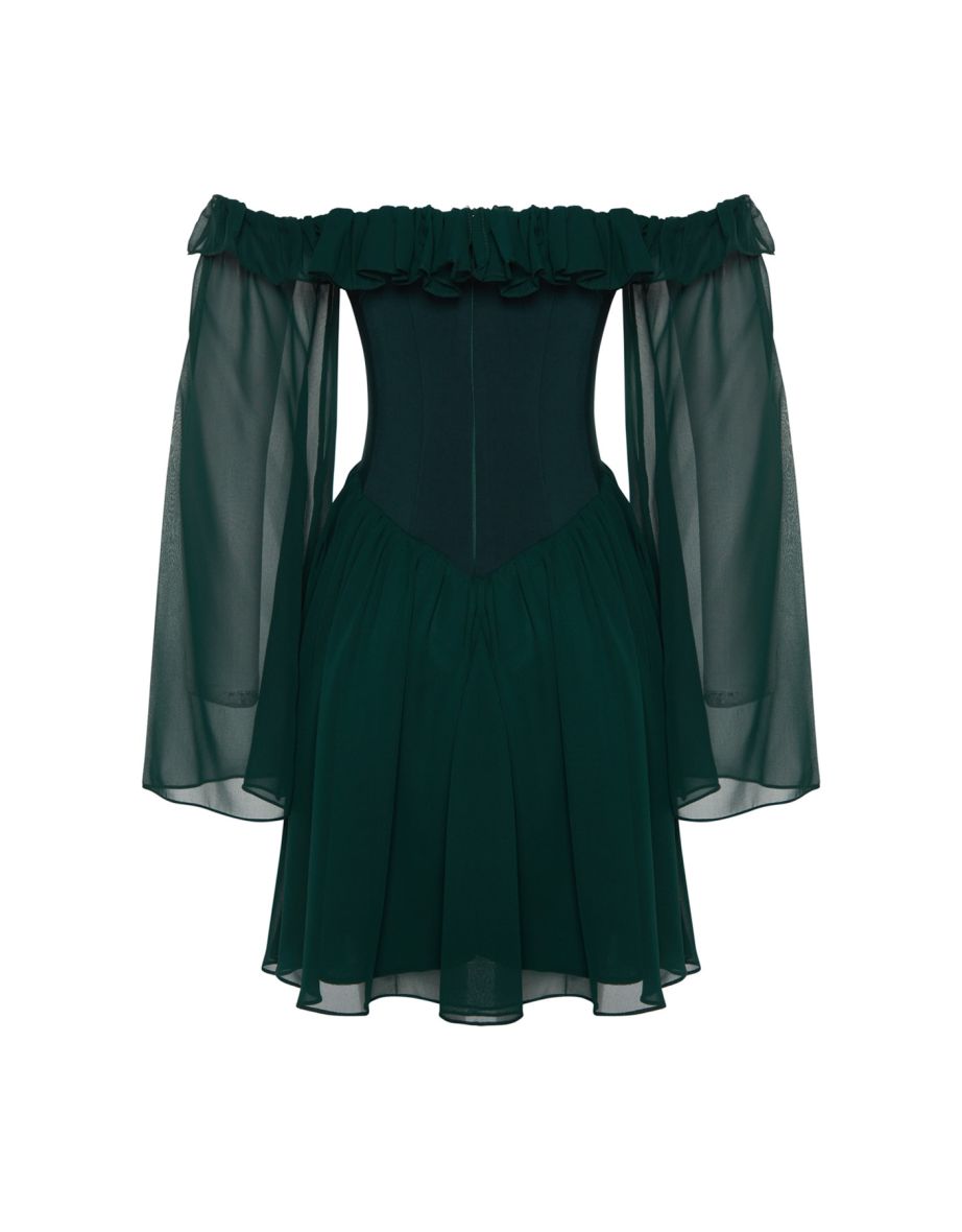 Off-Shoulder A-Line Mini Skater Dress with Long Sleeve - 7