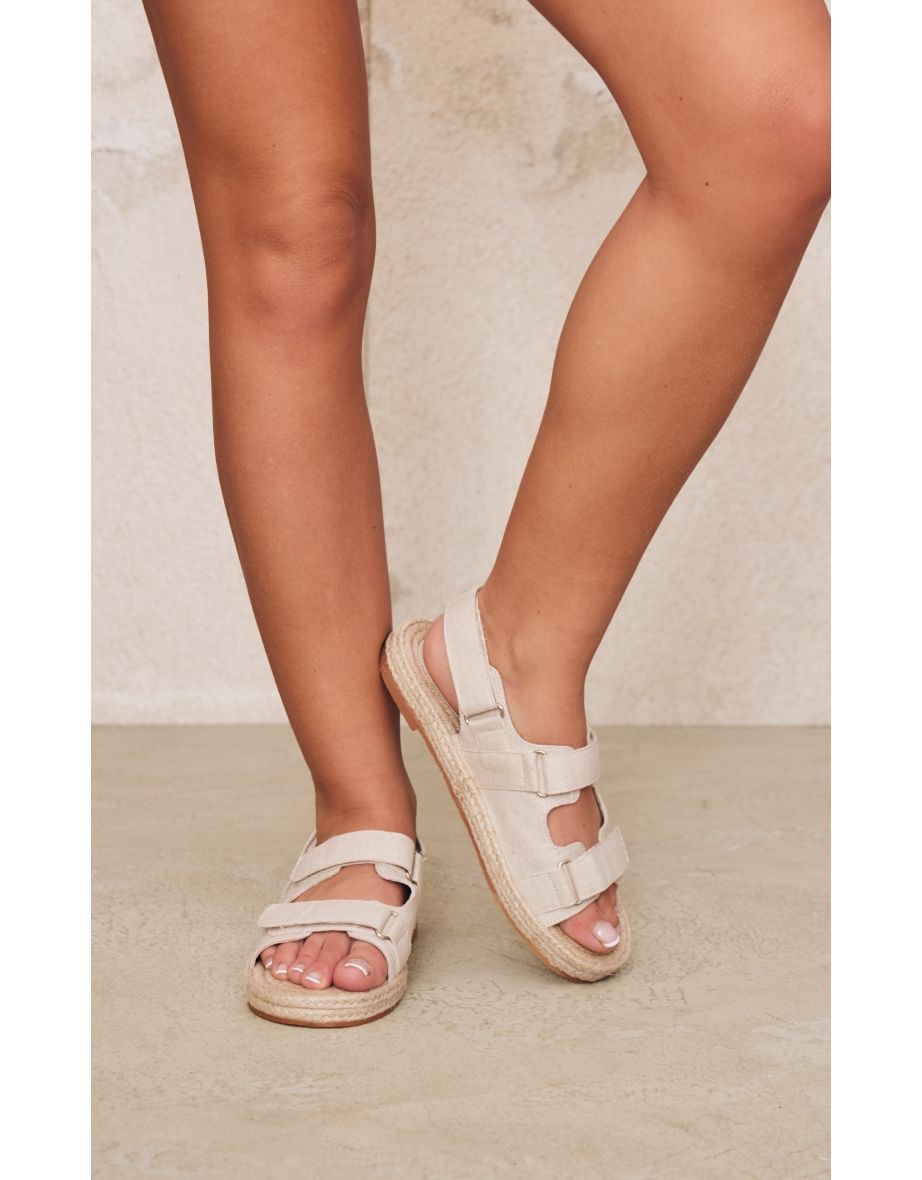Natural Linen Look Espadrille Sole Velcro Sandals