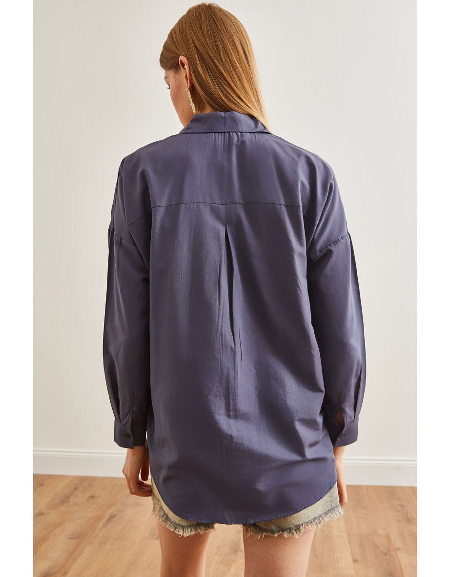 Women's Eye Anthracite Sequin Detailed Woven Boyfriend Shirt - 3