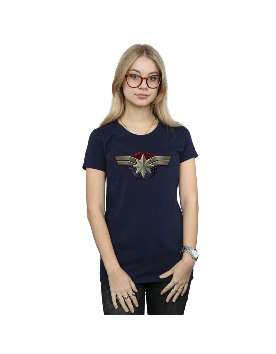 Marvel Womens/Ladies Captain Marvel Chest Emblem Cotton T-Shirt - Navy Blue