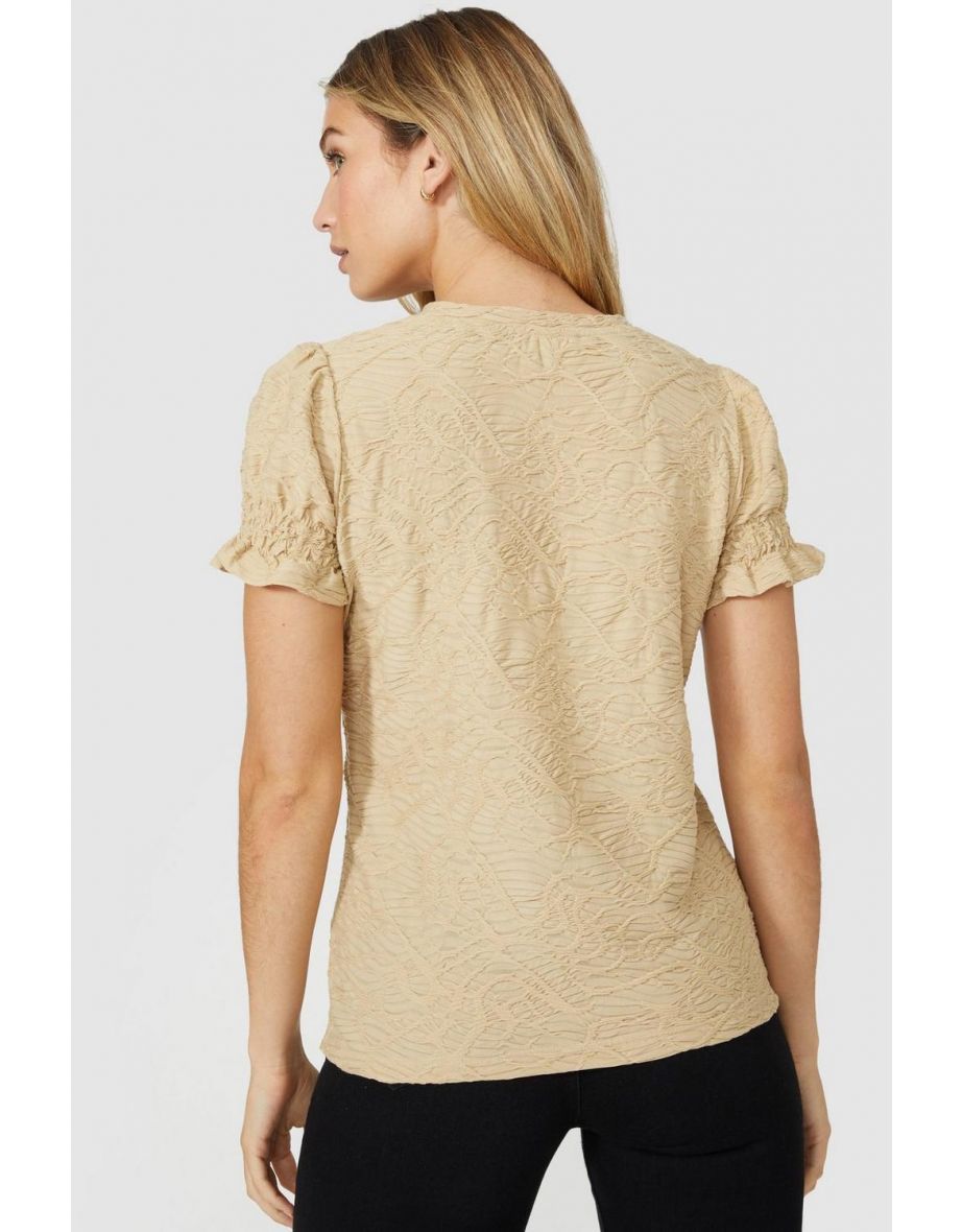 Textured Shirred Cuff Tshirt - stone - 3