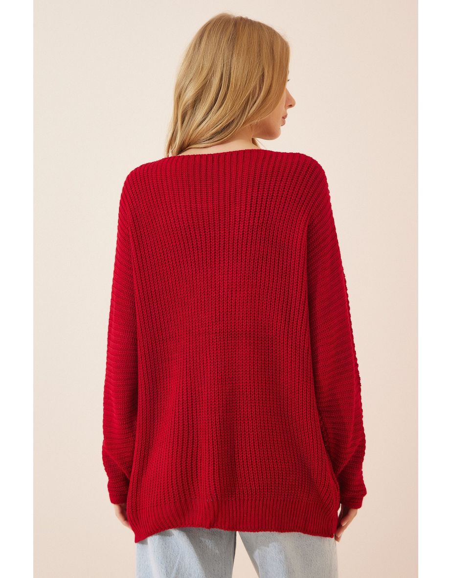 Women's Red V-Neck Thessaloniki Knit Oversize Knitwear Sweater - 2