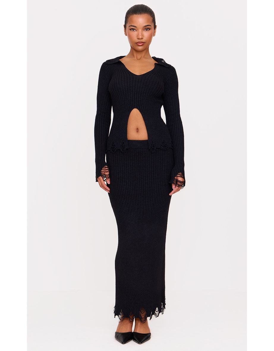 Black Ribbed Knit Distressed Hem Maxi Skirt
