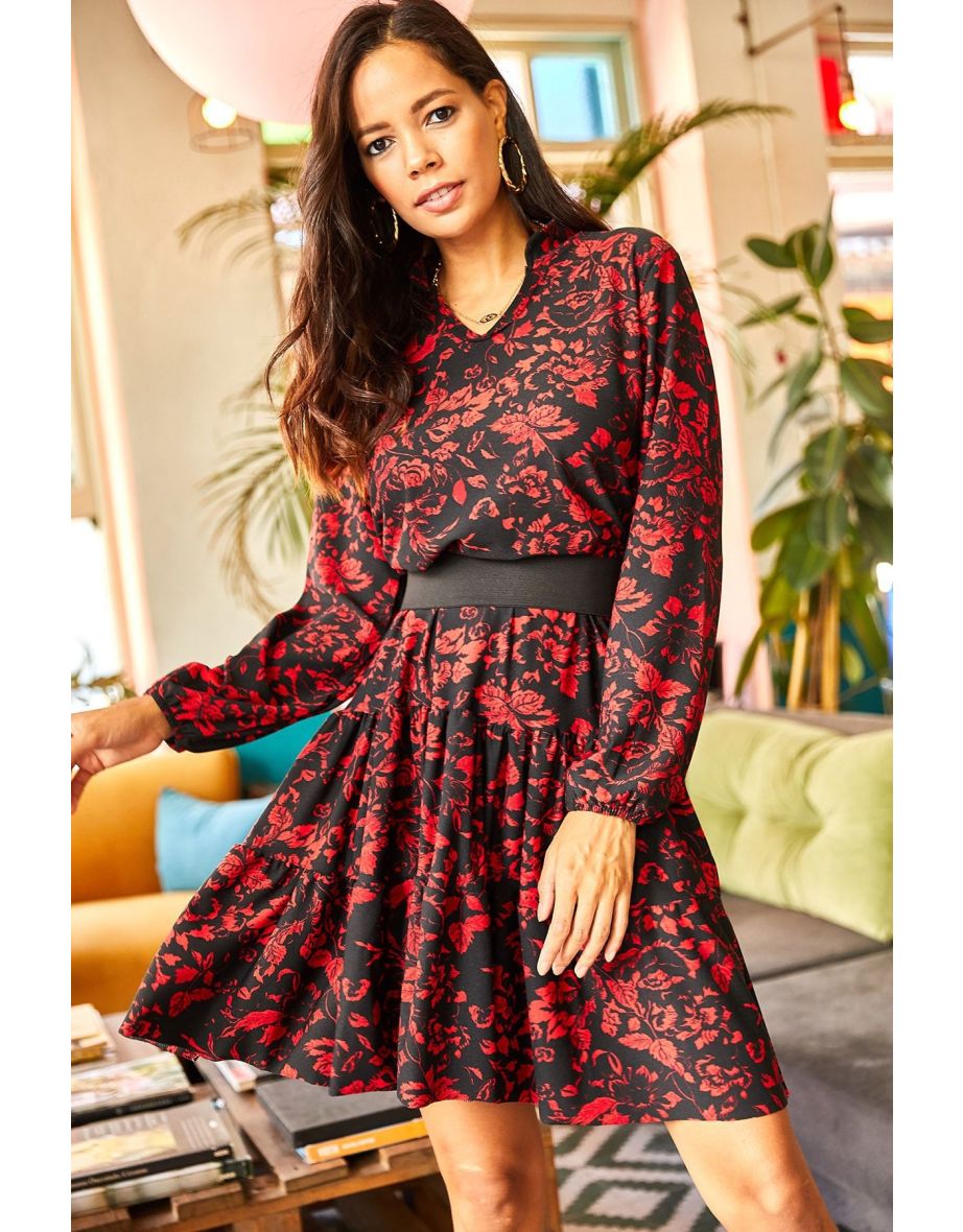 Women's Red Black V-neck Flounce Dress - 5