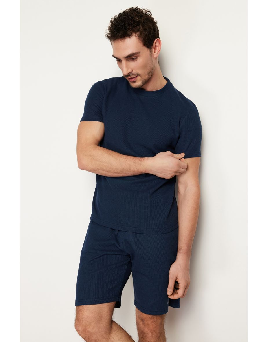 Men's Navy Blue Regular Fit Textured Knitted Pajama Set - 11